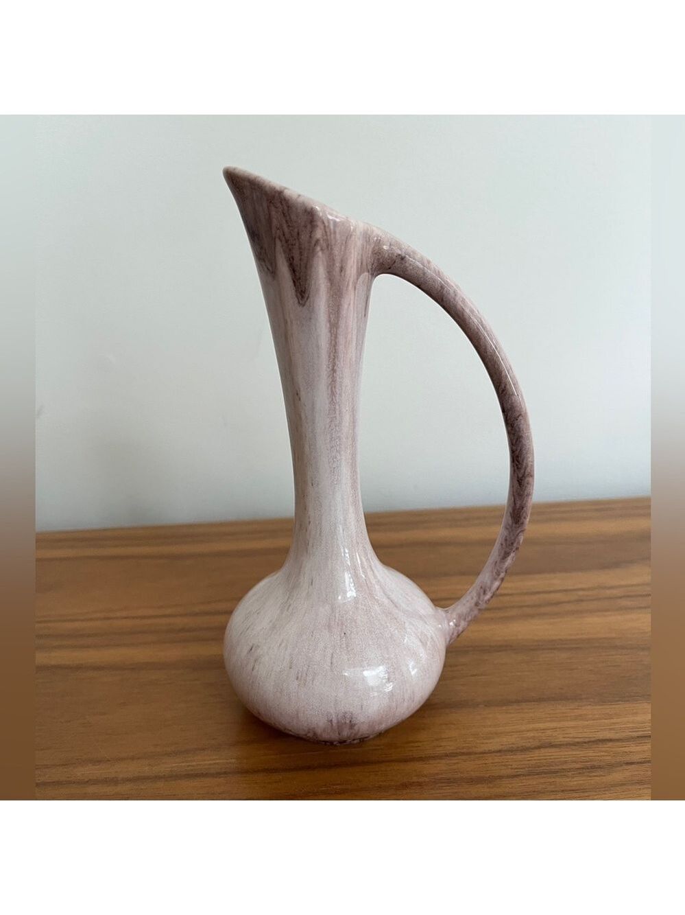 VINTAGE Mid-Century Modern Pottery Drip Glaze Pitcher Vase Handle Minimalist
